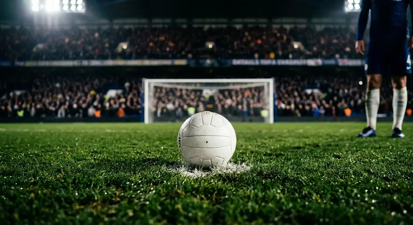 A close-up of a football on the penalty spot under bright stadium lights, tension before a decisive moment