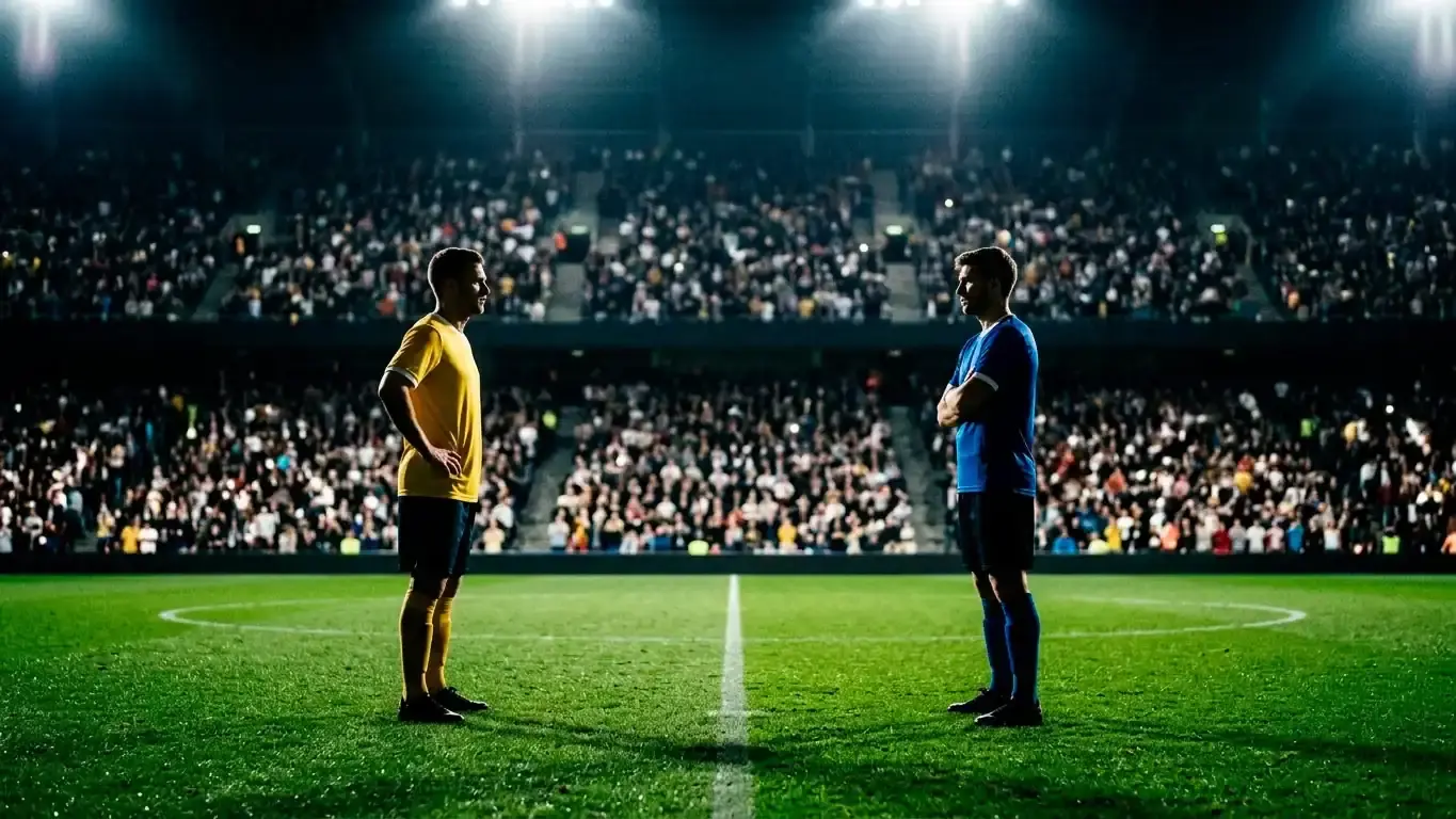Two footballers in yellow and blue facing off on a floodlit pitch before a knockout match