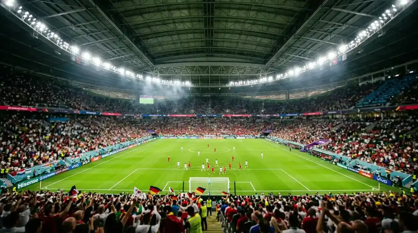A floodlit indoor football stadium with a closed roof, the pitch vivid green, tiers of fans blurred into a wall of colour under the lights