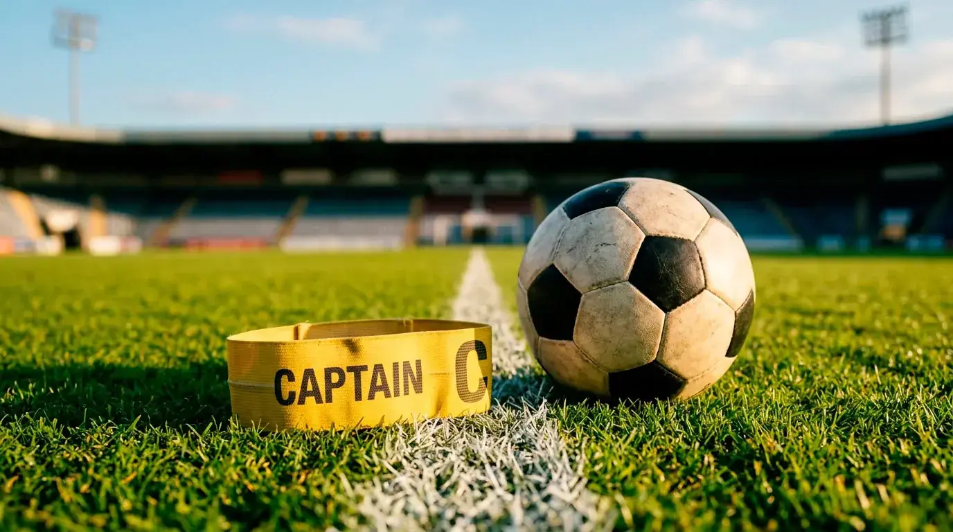 A captain's armband and a football on the halfway line of a sunlit pitch