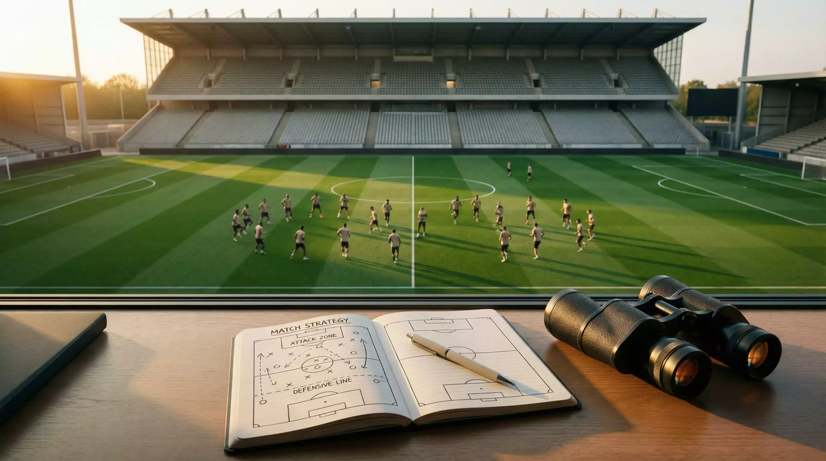 Football pitch viewed from the press box with a notebook and tactical diagrams in the foreground as teams warm up before a World Cup match