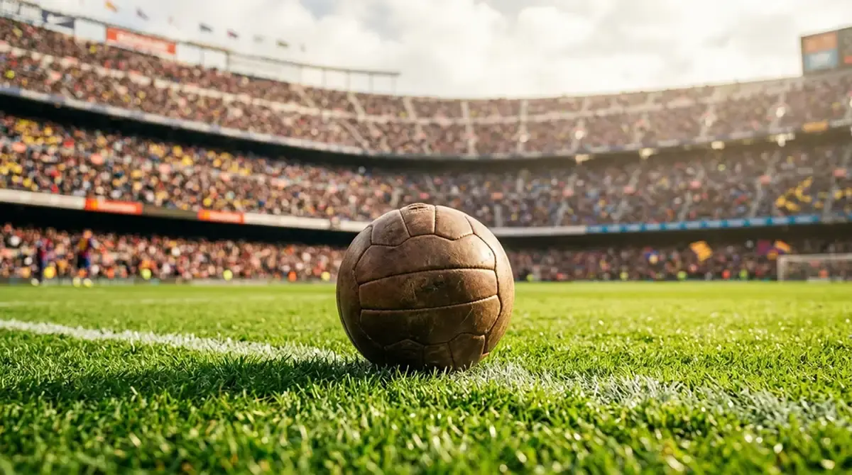 A close-up of a football on a sunlit open-air pitch, the grass bright green under a hazy sky, the stands softly blurred behind