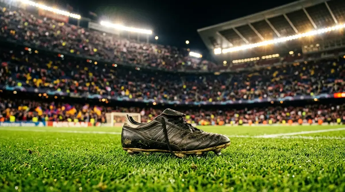 A single football boot resting on a floodlit stadium pitch, the grass vivid green, the stands blurred into colour behind