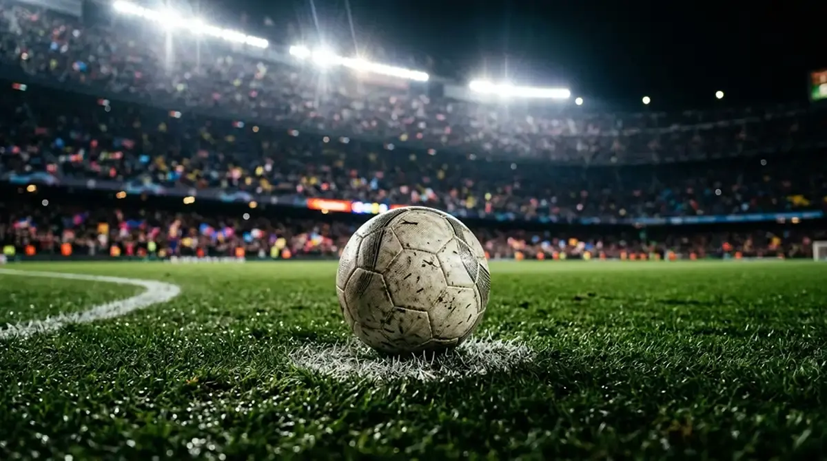 A close-up of a football on the penalty spot of a floodlit pitch, the stadium lights bright and the stands a soft blur behind