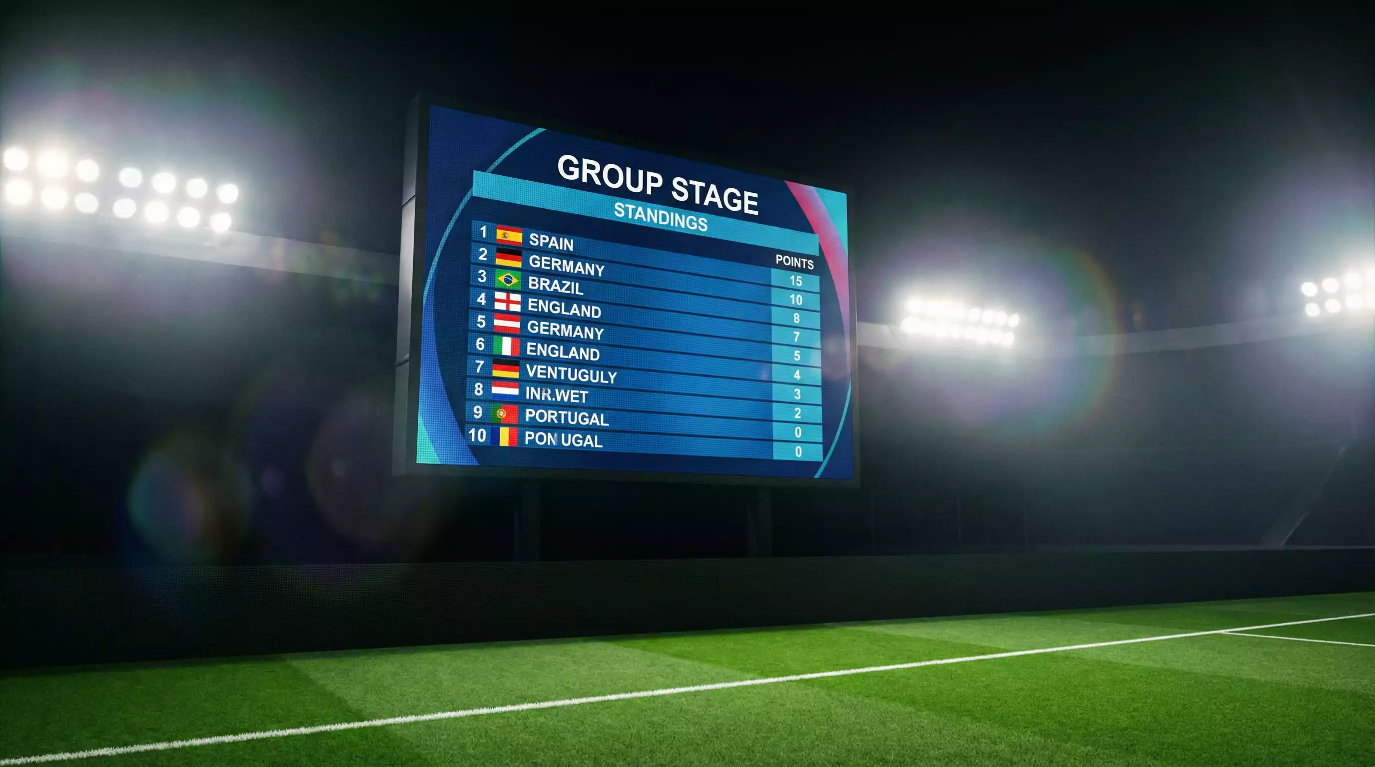 Large stadium scoreboard displaying World Cup group stage standings with team flags and match results under floodlights
