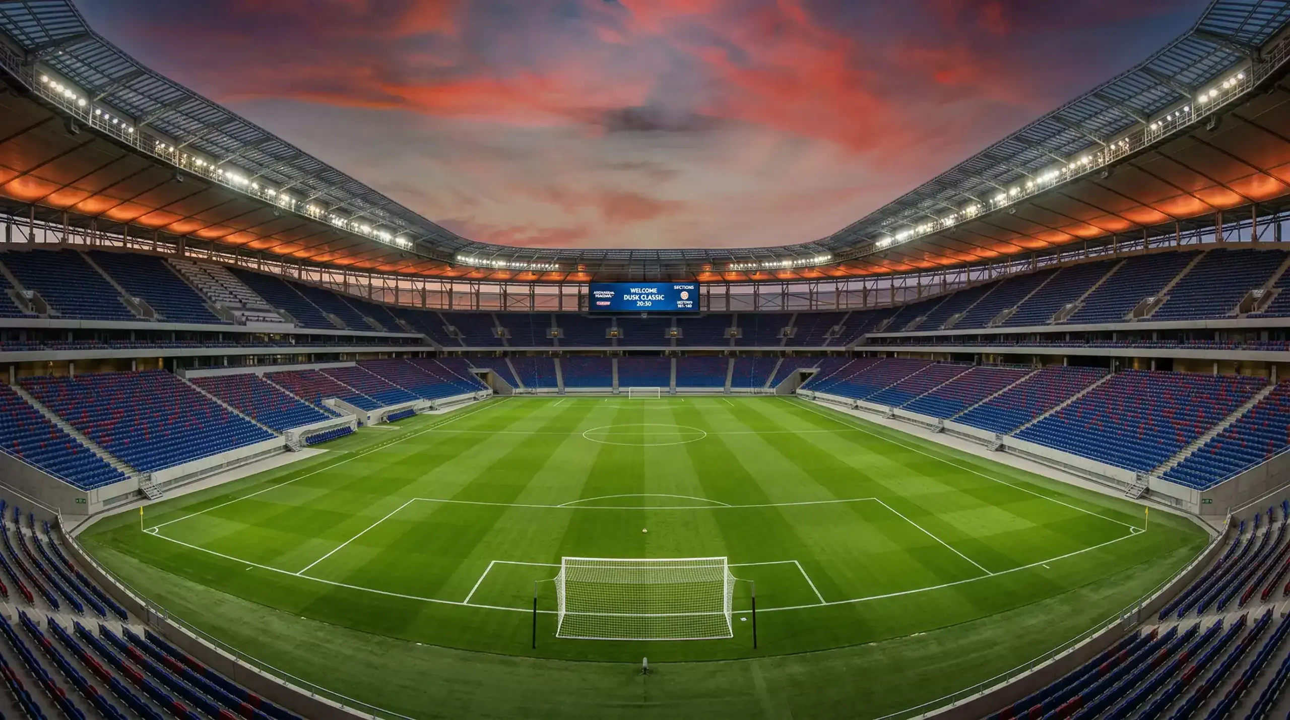 Football stadium lit up at twilight with a packed crowd before a World Cup 2026 match in North America