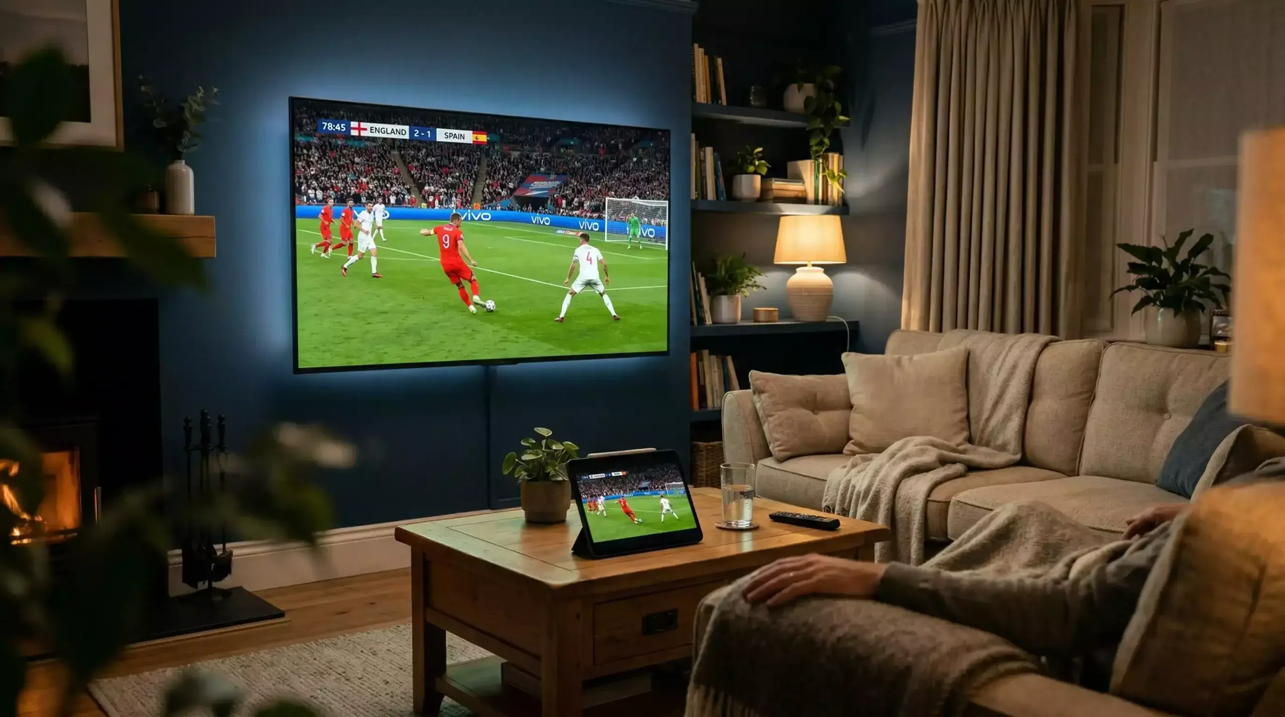 Living room setup with television showing World Cup 2026 match alongside tablet with streaming app and pub viewing scene