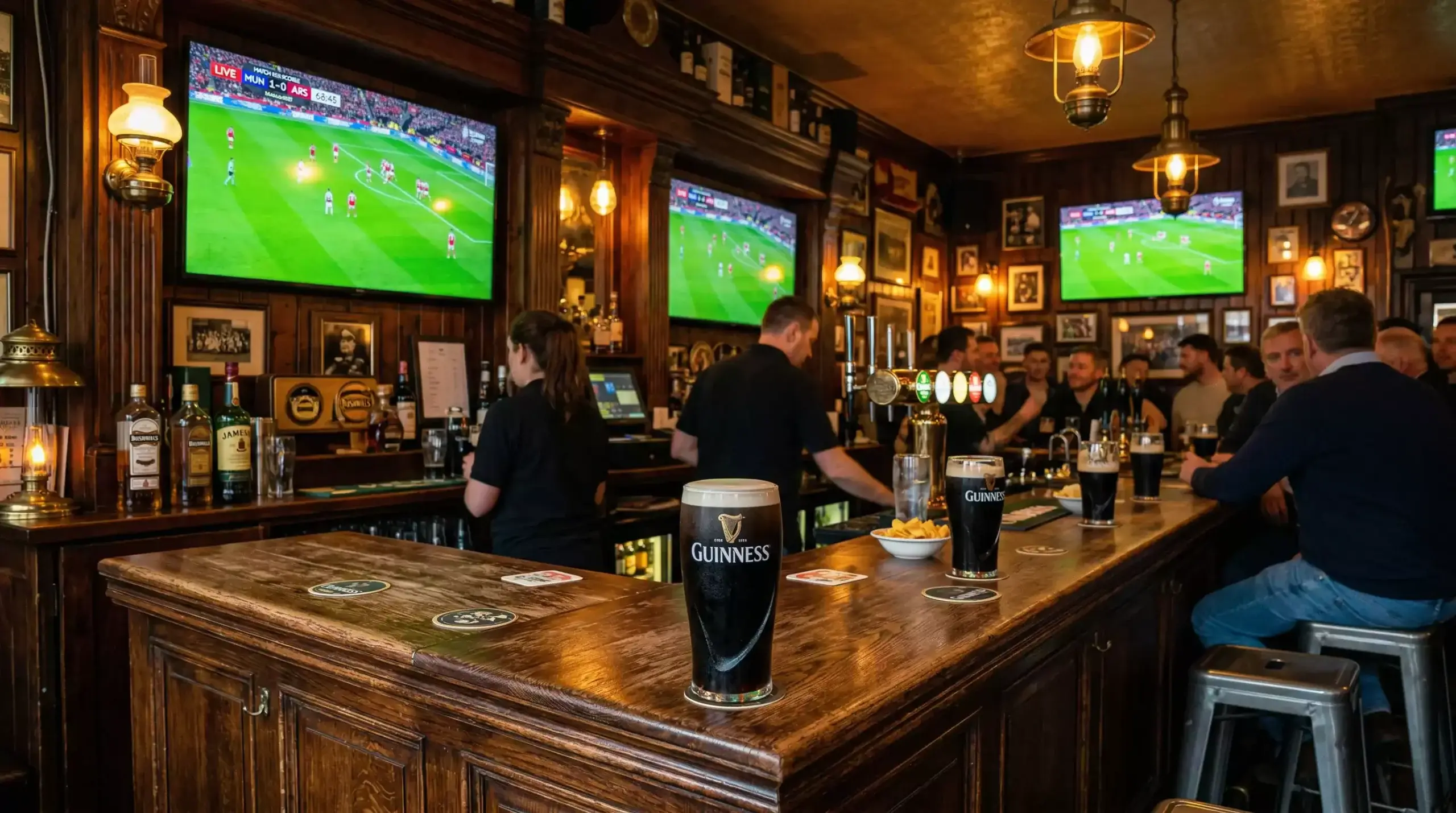 Irish pub scene with multiple screens showing World Cup 2026 matches from different groups