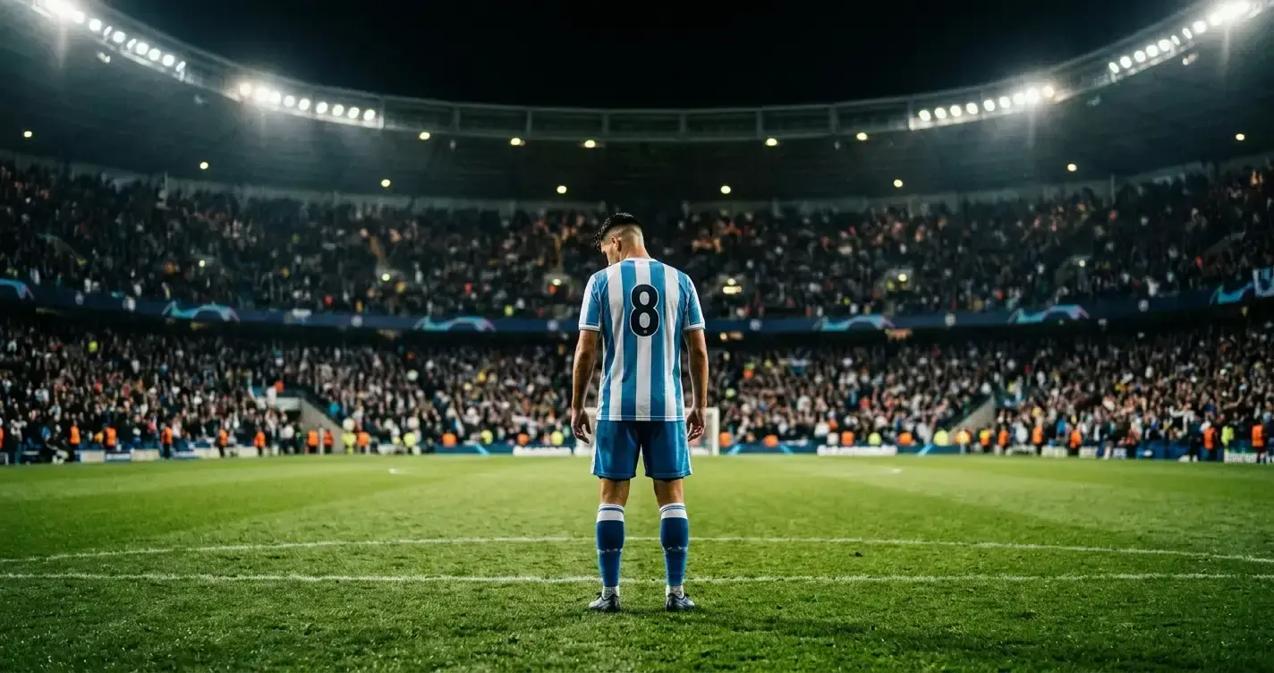 A lone footballer in a striped jersey standing on the pitch under stadium lights, viewed from behind
