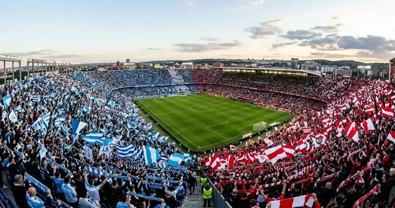 Two sets of football fans in contrasting colours filling a stadium before kick-off
