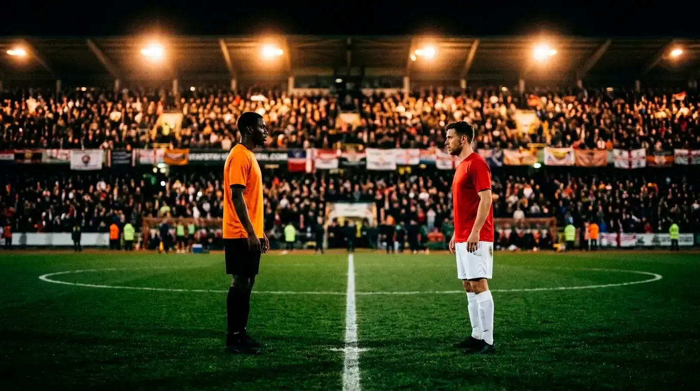 Two footballers in orange and red facing off on a floodlit pitch before a knockout tie