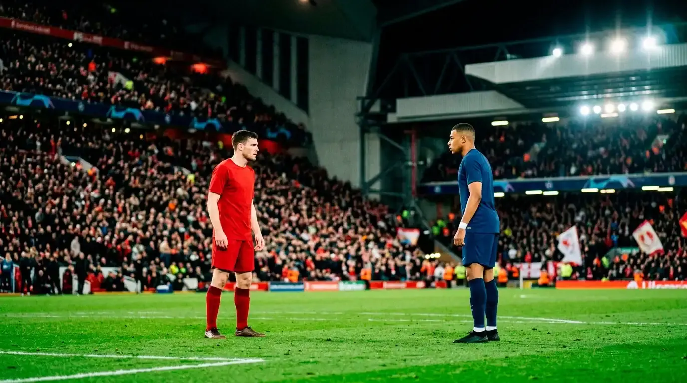 Two elite footballers in red and blue facing off on a floodlit pitch before kick-off