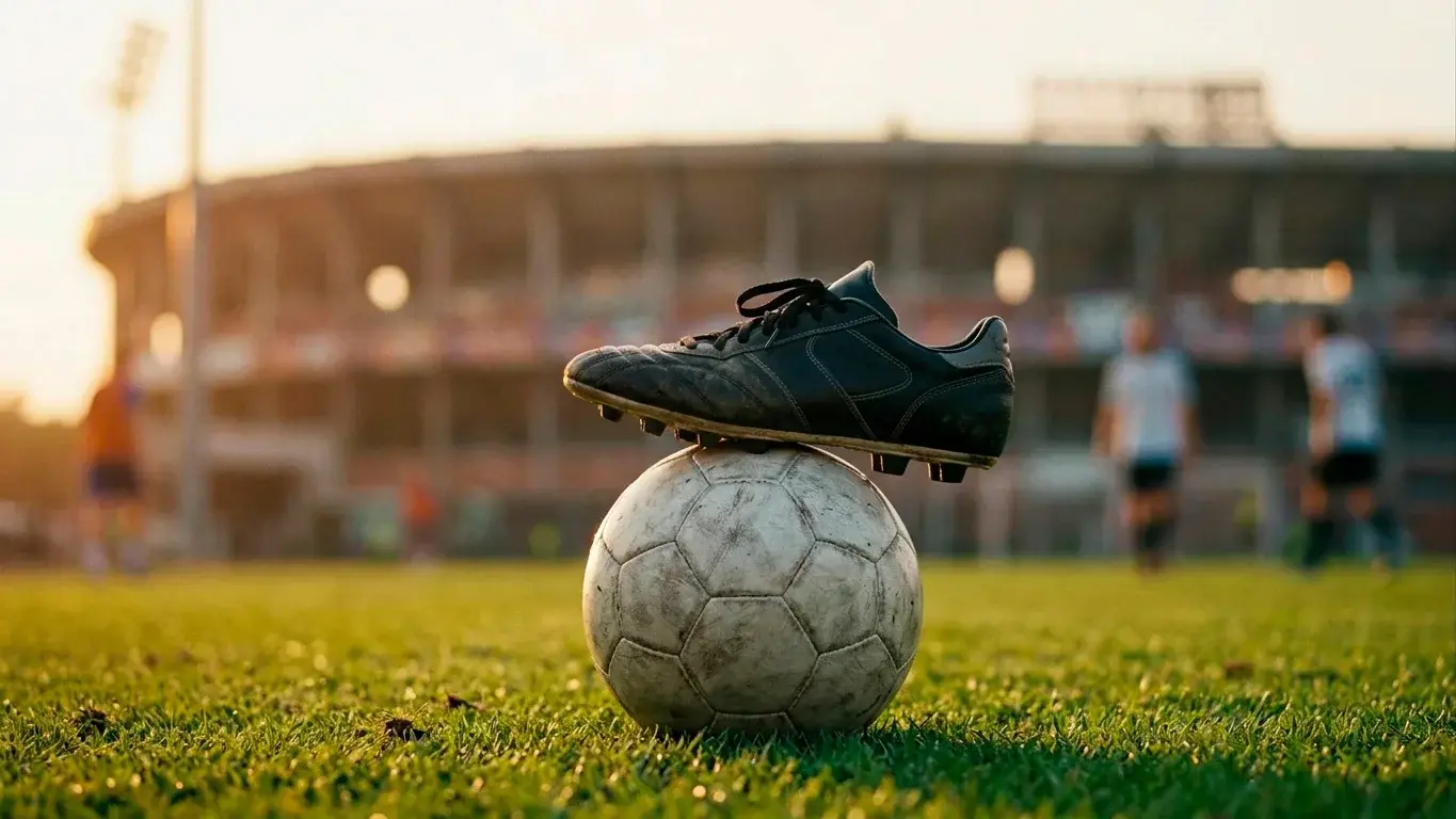 A football boot resting on the ball on a brightly lit pitch, golden evening light