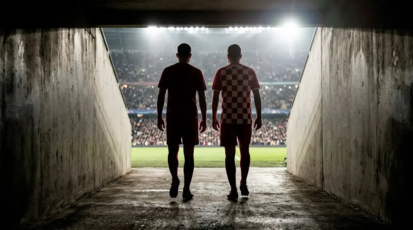 Two footballers in dark and checkered kits walking out of a stadium tunnel before a big match