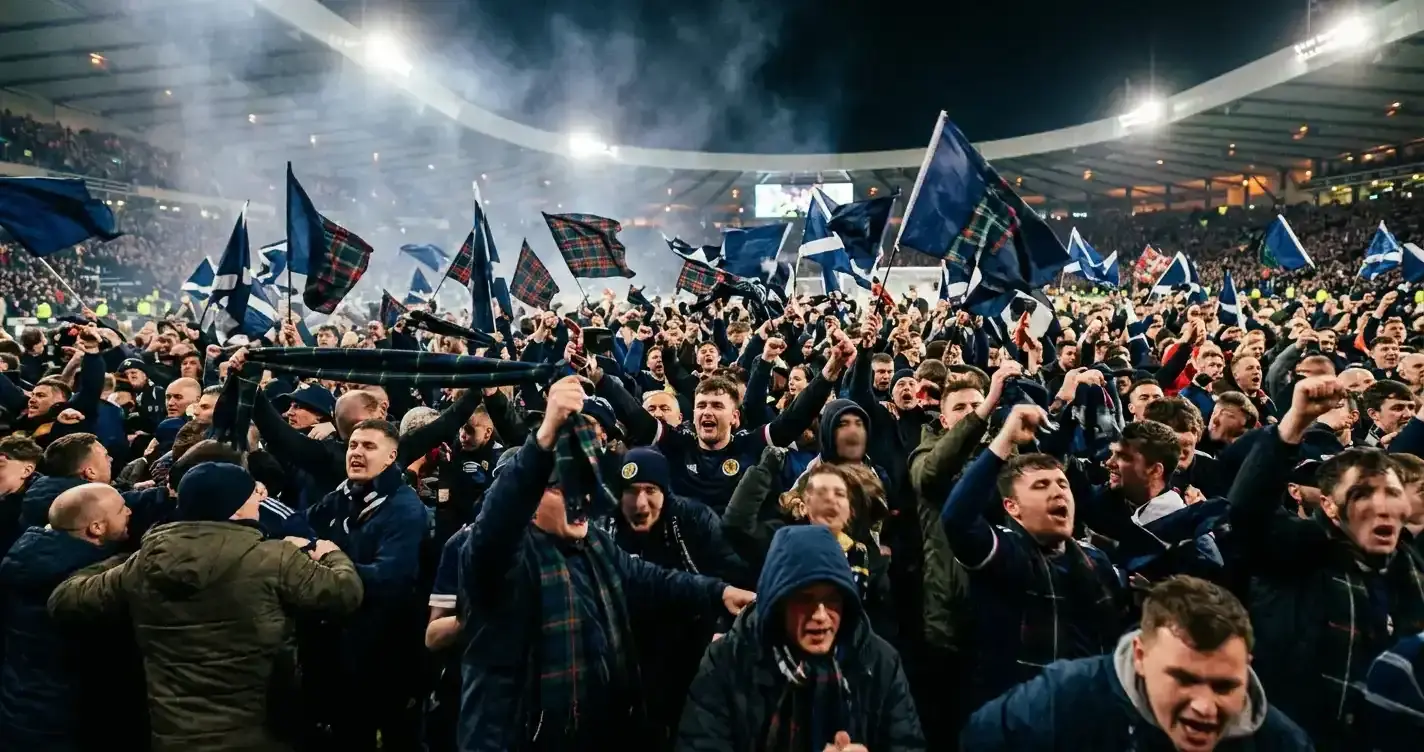 Scotland supporters in tartan filling a stadium stand, scarves held aloft