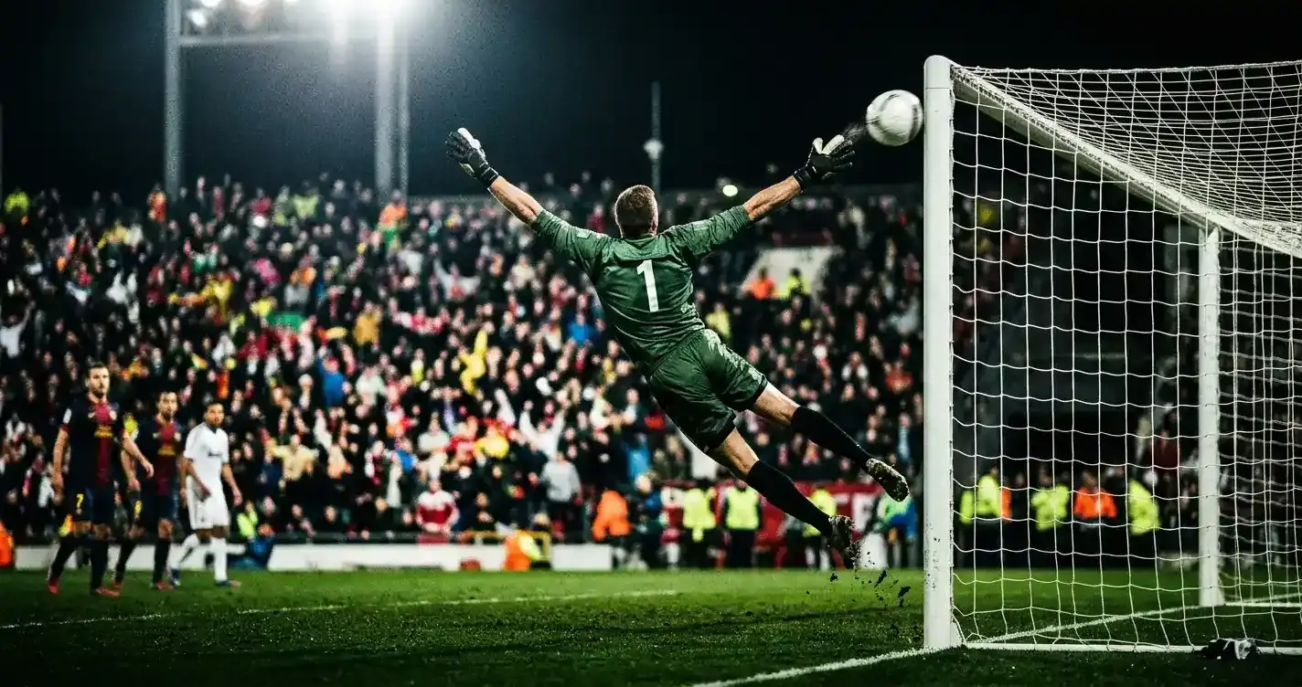 A football goalkeeper diving to make a save under floodlights