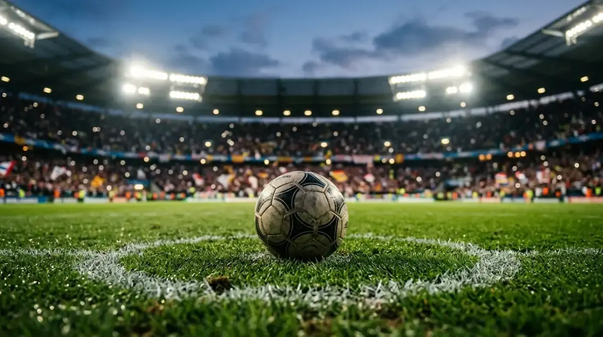 A close-up of a football resting on the centre spot of a floodlit open-air pitch, the packed stands a soft blur beyond