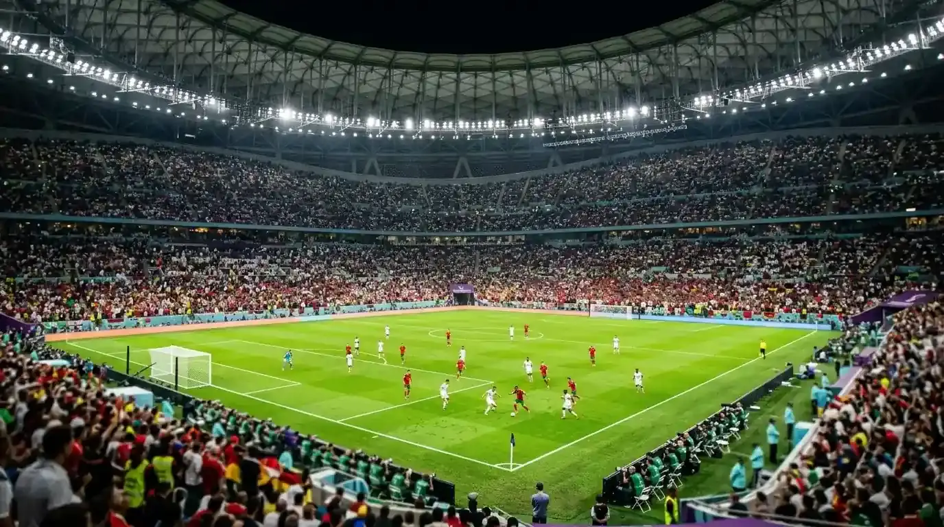 A modern indoor-roofed football stadium during a World Cup match, the pitch brilliantly lit, stands packed with colour