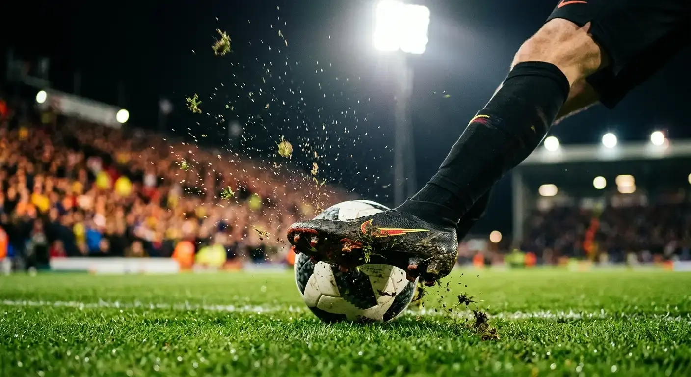 A close-up of a football boot striking a ball on a floodlit pitch, spray of turf, dynamic action
