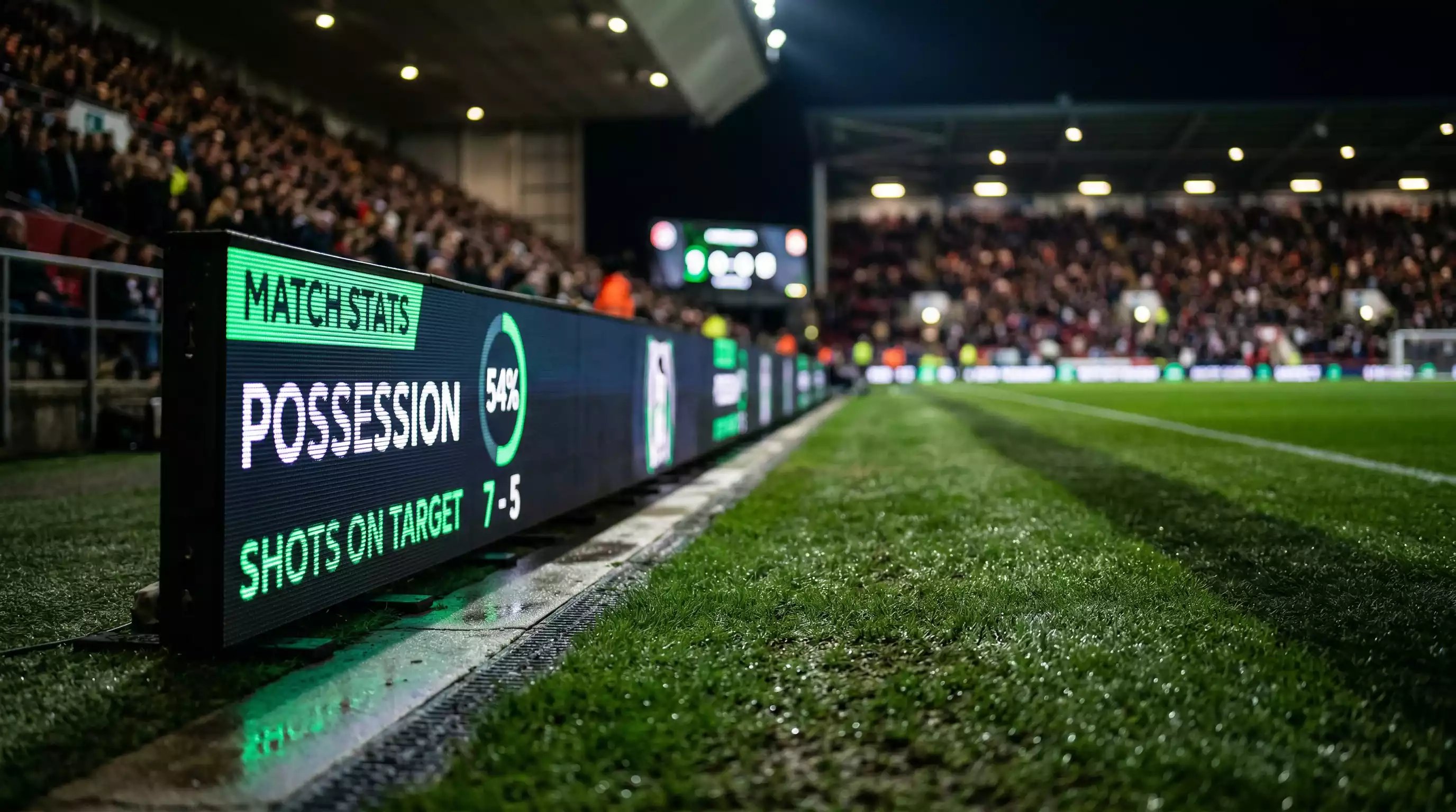 Close-up of a stadium electronic display board showing live football match odds and statistics during a World Cup evening fixture