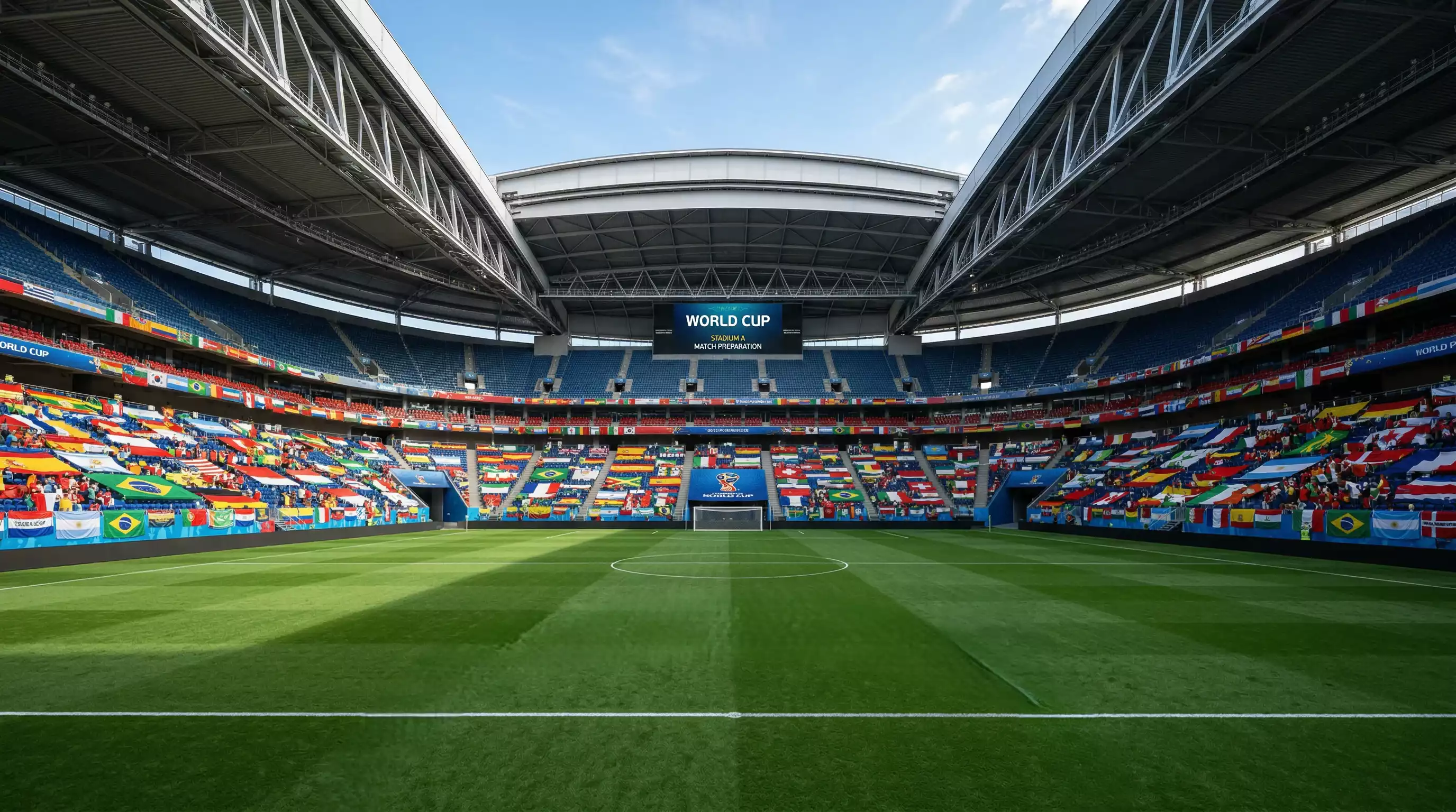 Panoramic view of a vast modern football stadium with the pitch being prepared for a World Cup group stage match