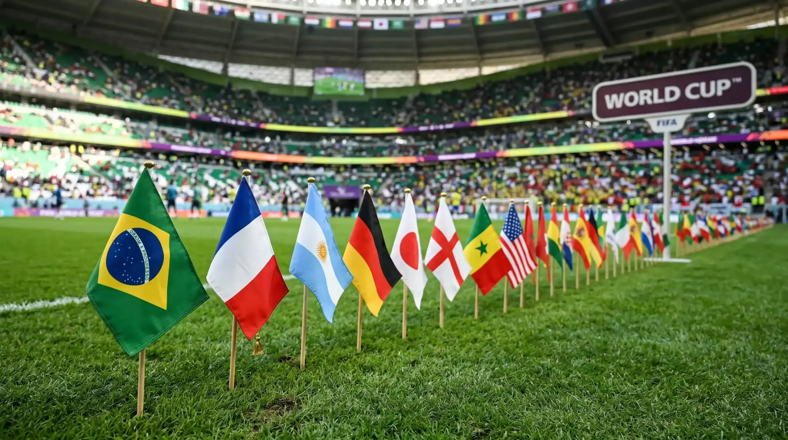 Flags of all 48 qualified nations arranged around the World Cup 2026 trophy
