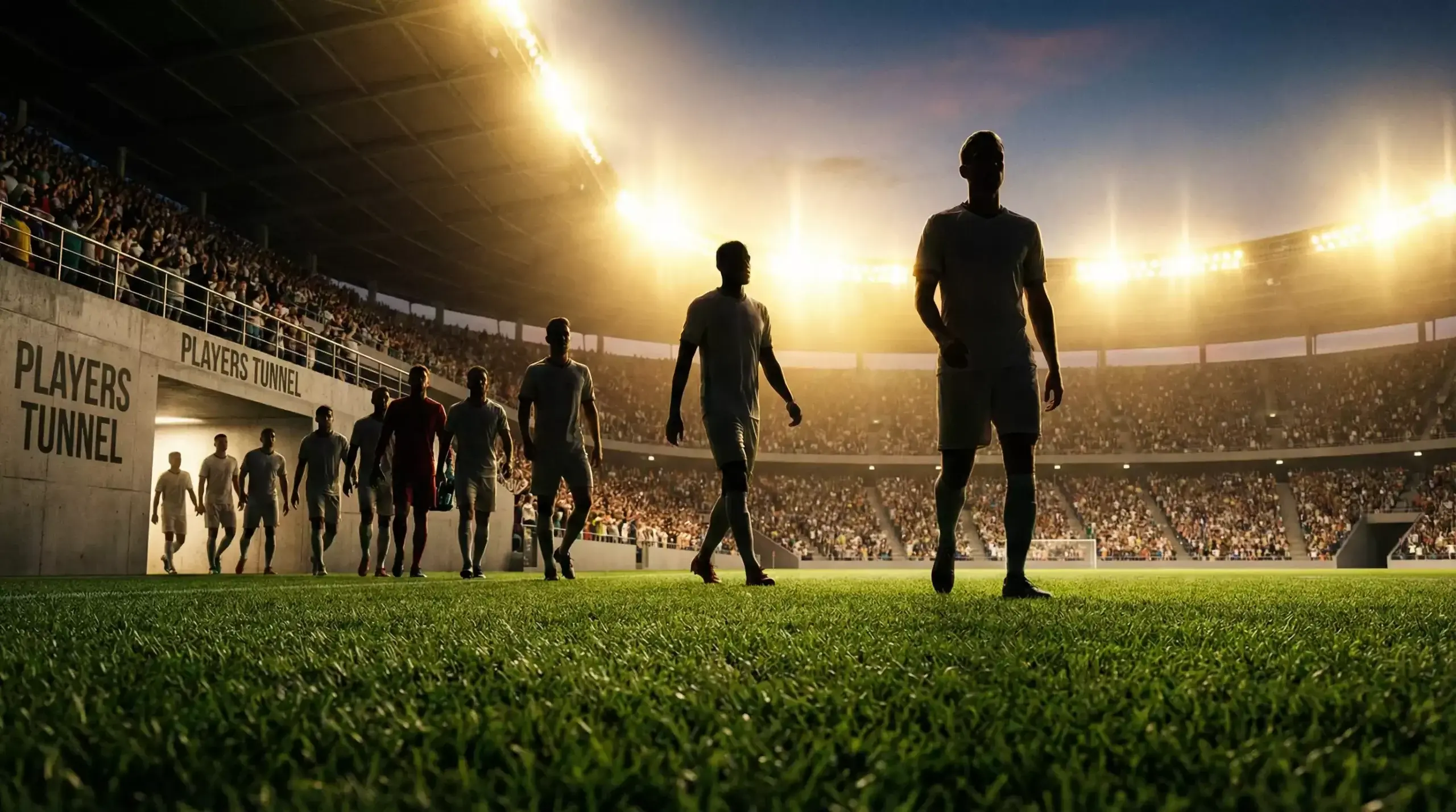 Silhouetted football team emerging from shadow into stadium light representing World Cup 2026 dark horse contenders