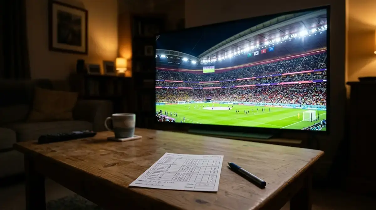 A betting slip and pen beside a television showing a floodlit World Cup stadium at night