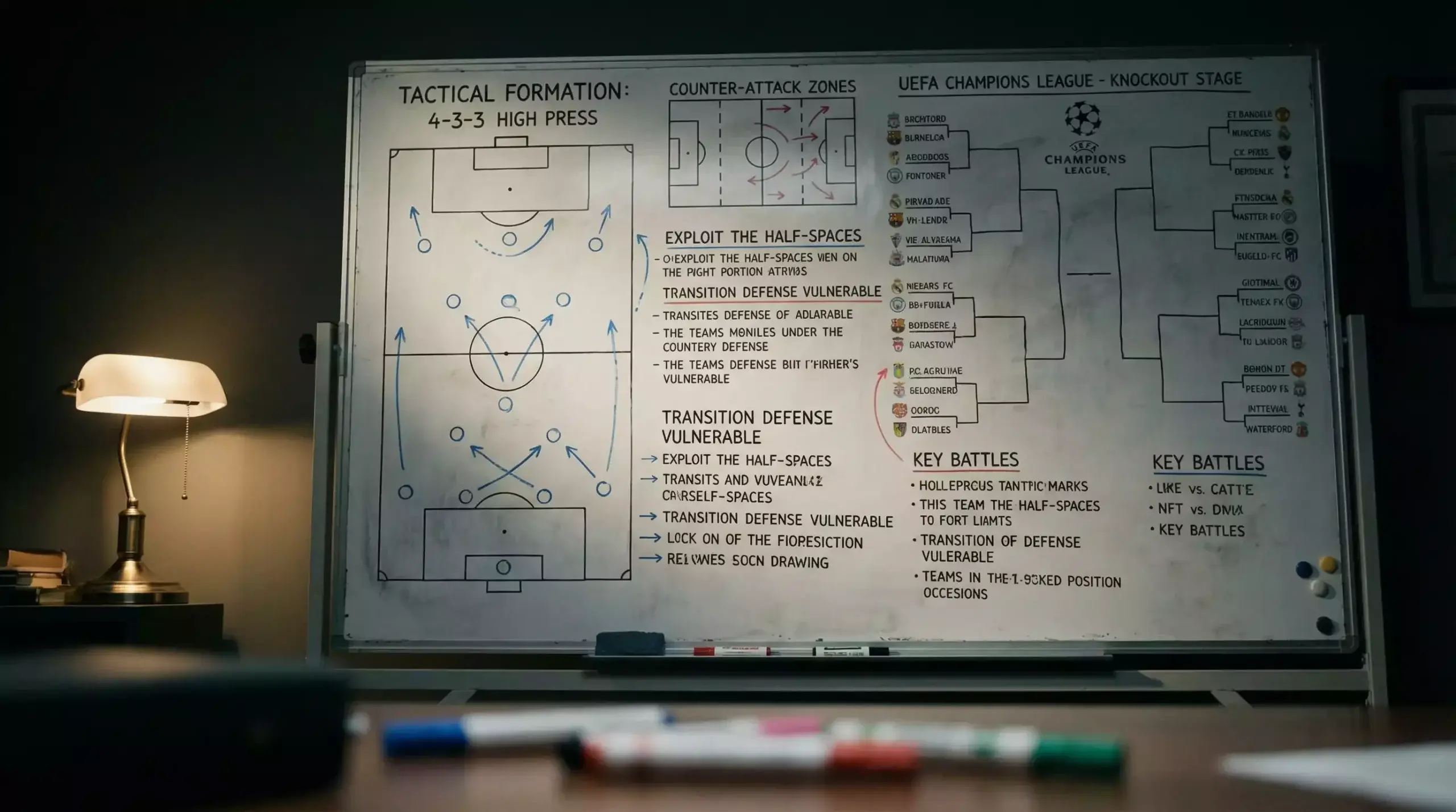Tactical analysis board with World Cup 2026 bracket predictions and team formations