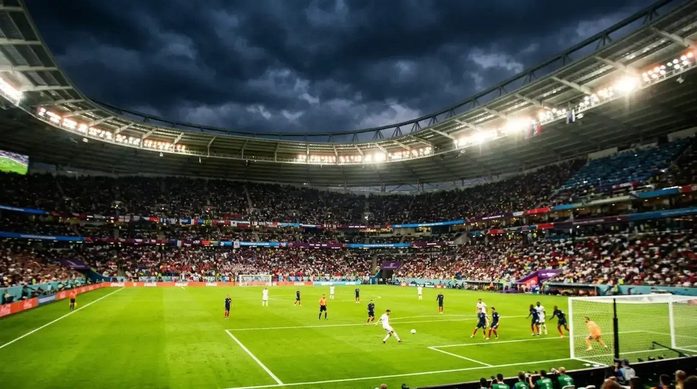 A floodlit World Cup stadium at night with the pitch glowing green and the stands a blur of colour