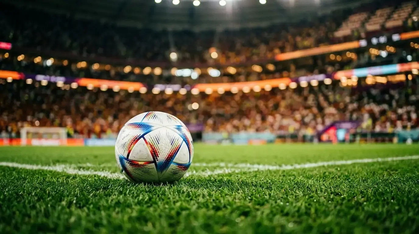 A close-up of a football on the pitch under bright stadium floodlights, stands blurred behind