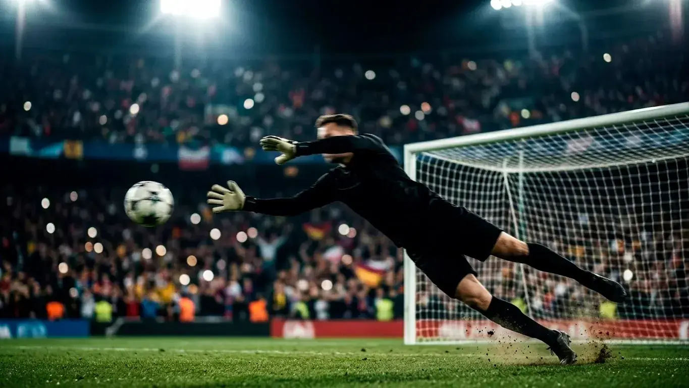 A goalkeeper diving to his left during a penalty shootout under floodlights
