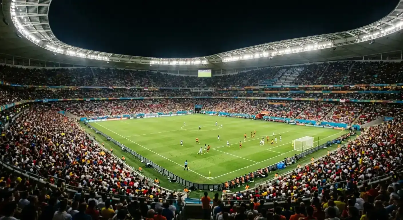 A floodlit World Cup stadium at night, the pitch bright and the stands a blur of colour