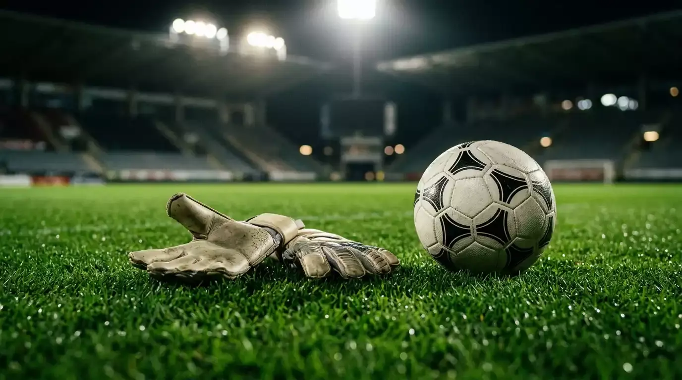 A goalkeeper's gloves resting on the turf under stadium lights, a match ball beside them