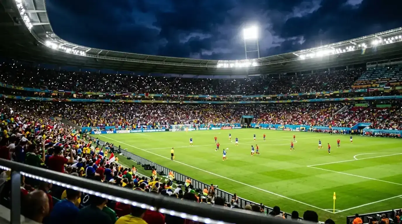 A floodlit World Cup stadium at night, the pitch bright green and the stands a blur of colour