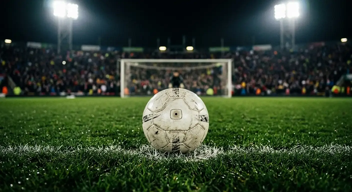 A close-up of a football resting on the penalty spot under stadium floodlights