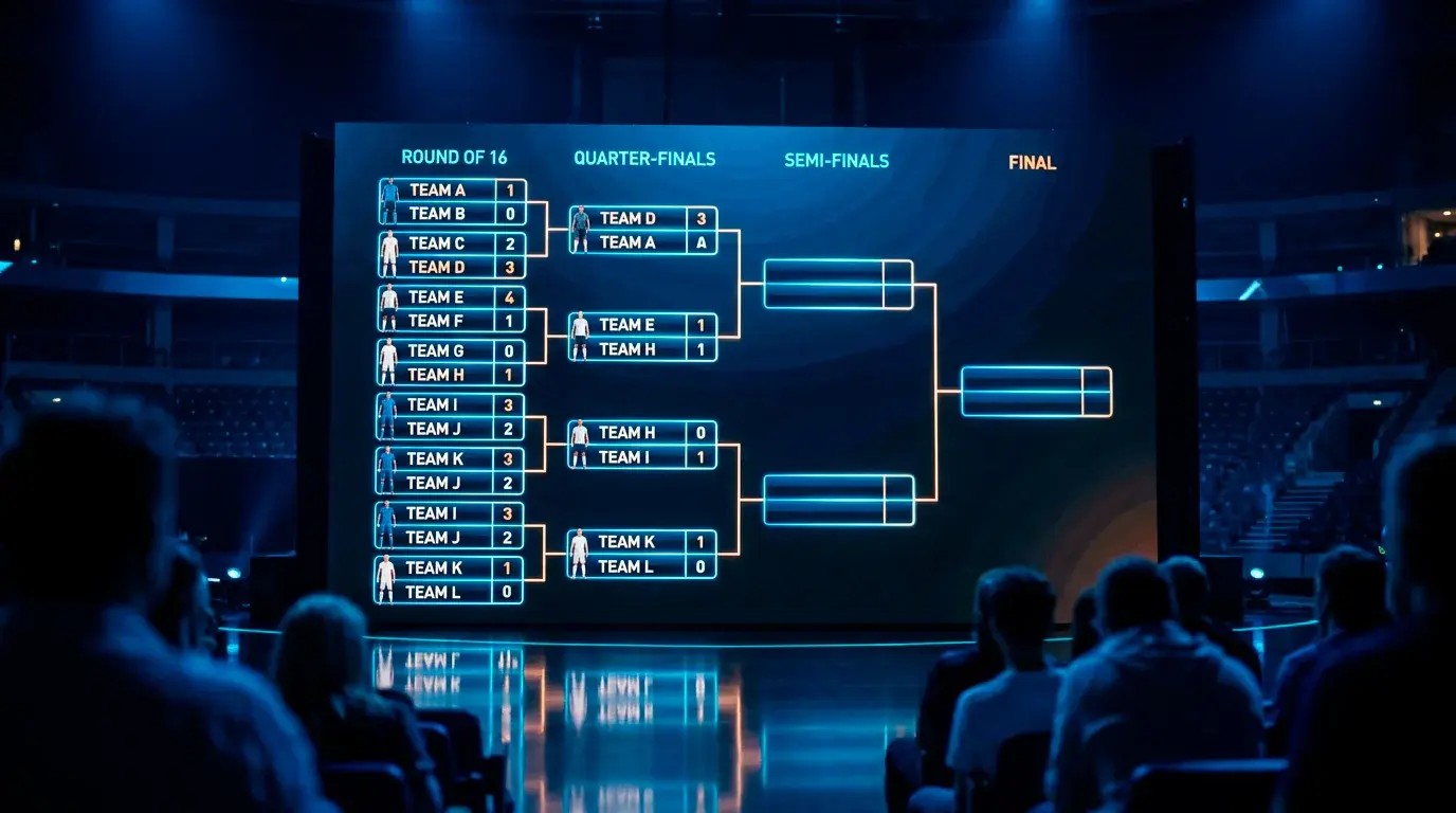 A tournament knockout bracket graphic glowing on a screen in a darkened room