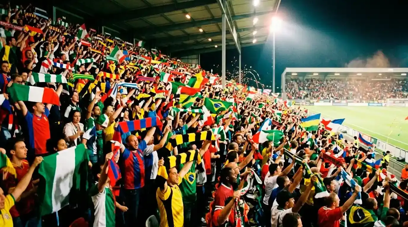 Football fans of many nations celebrating together in a packed stadium