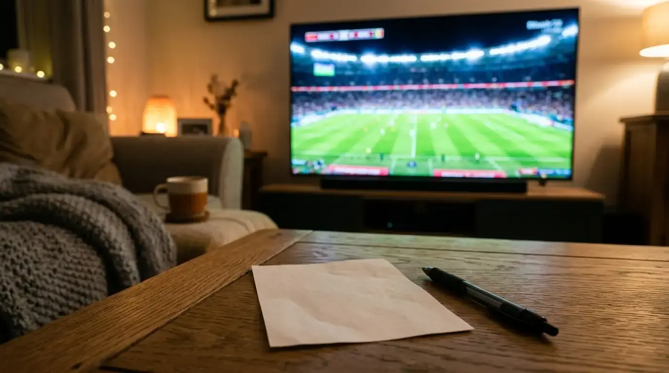 A betting slip and pen beside a television showing a floodlit World Cup stadium at night