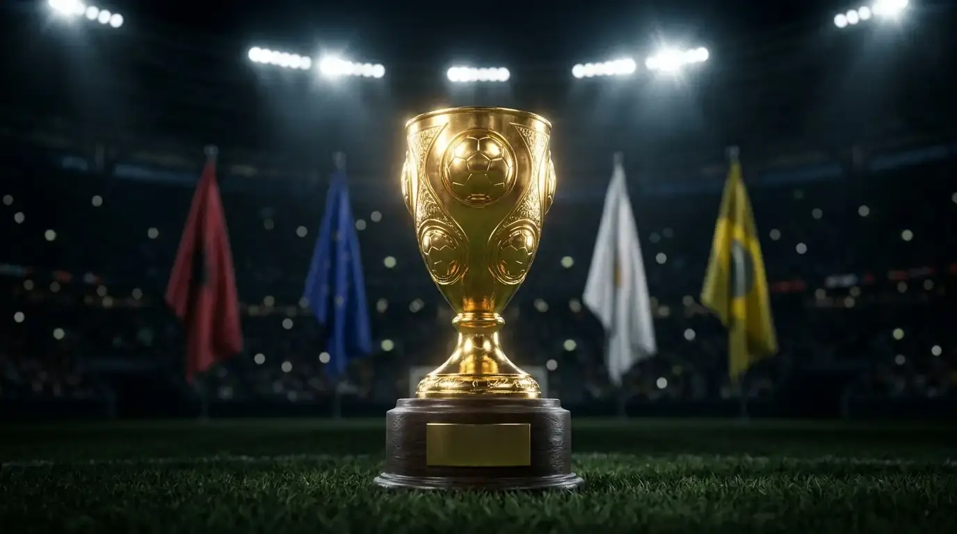 A World Cup trophy-style setting under stadium lights with four national flags faintly arrayed behind