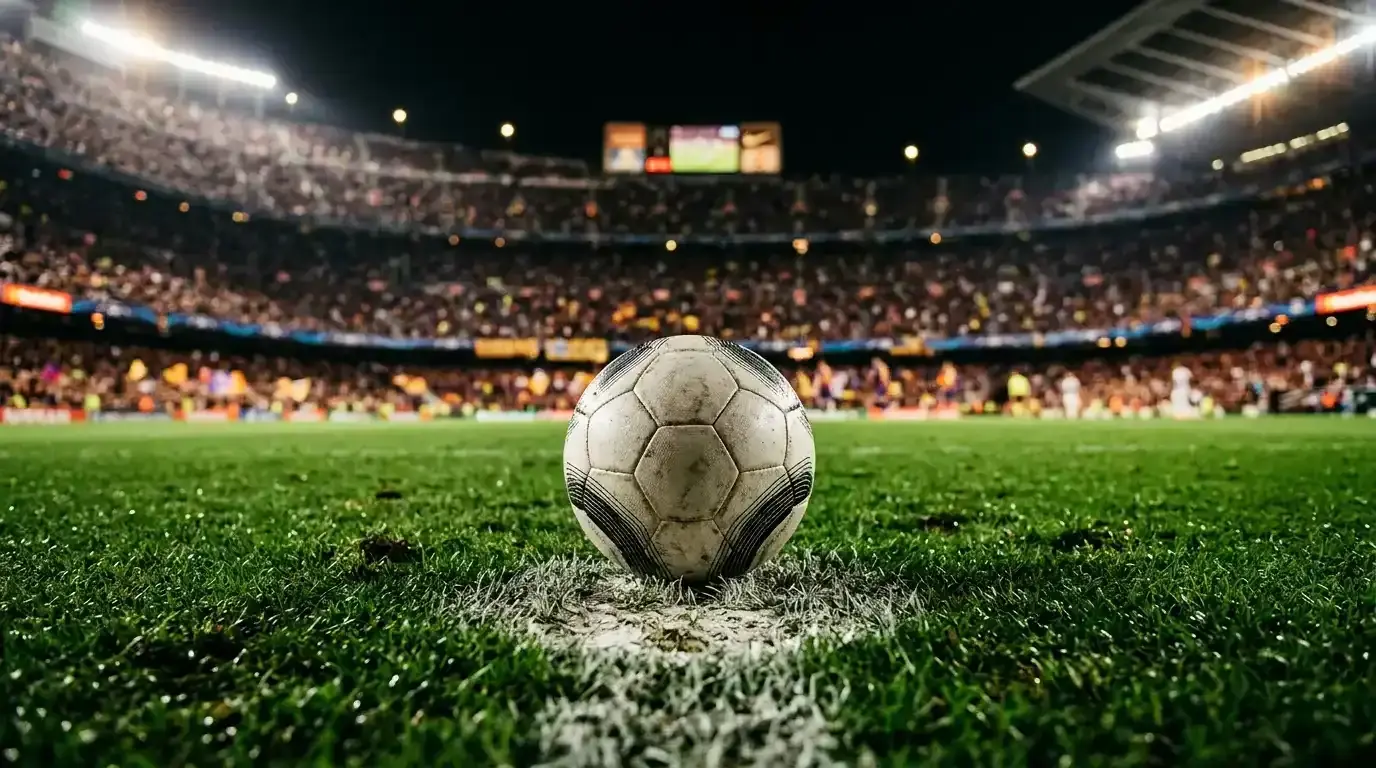 A close-up of a football on the penalty spot under floodlights, a big-match stadium blurred behind
