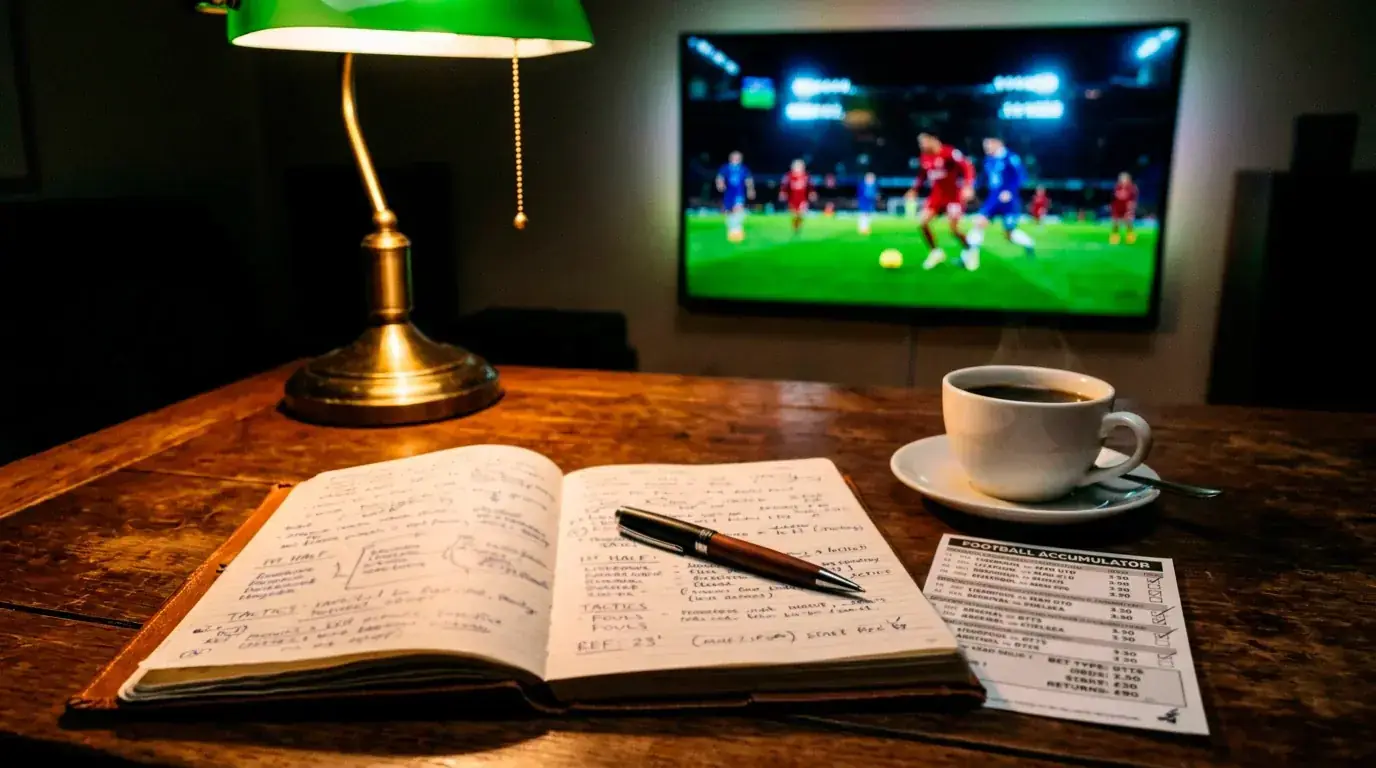 A pundit's notebook, pen and a half-filled betting slip beside a television showing a stadium