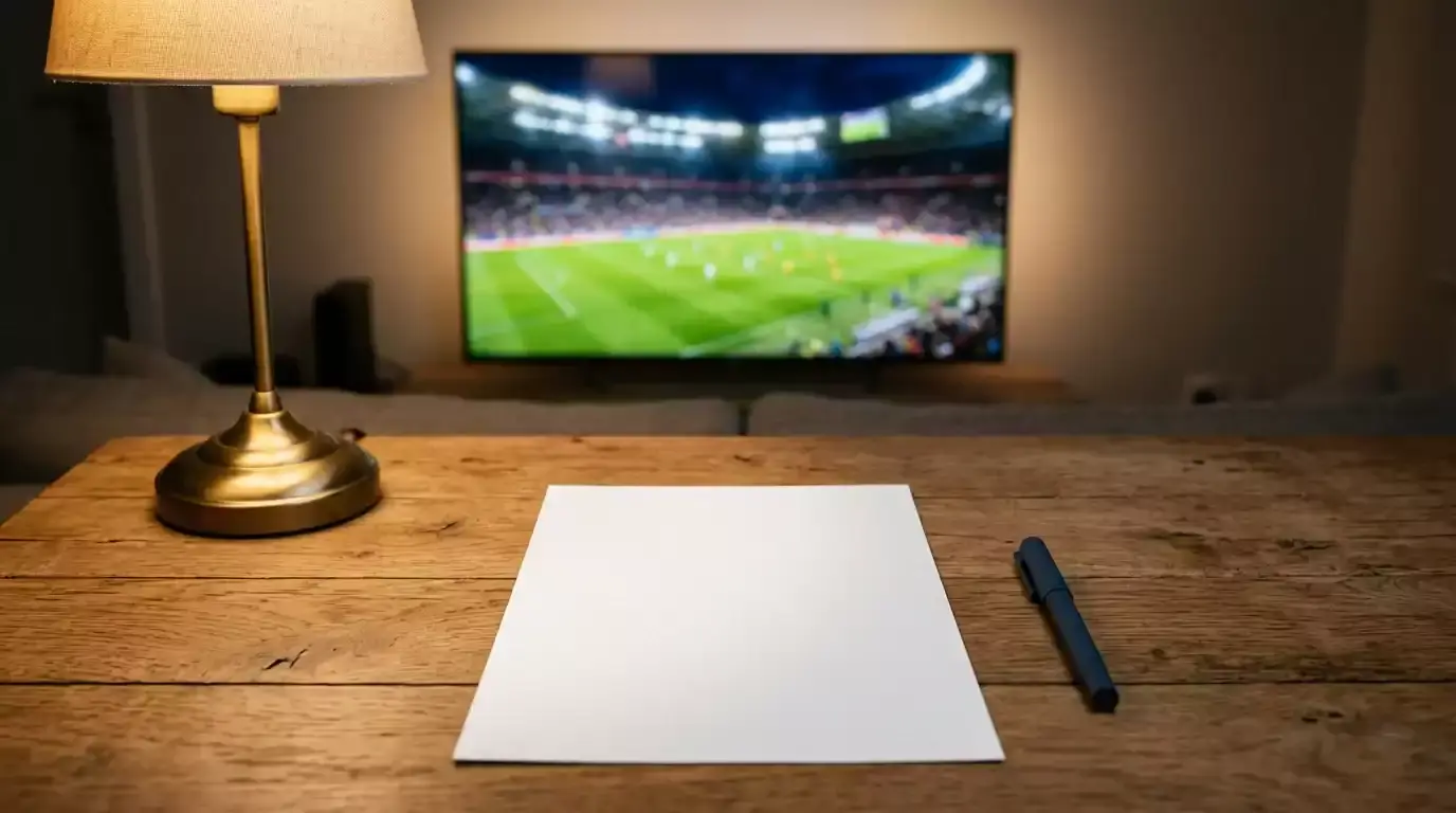 A betting slip and pen beside a television showing a floodlit World Cup stadium